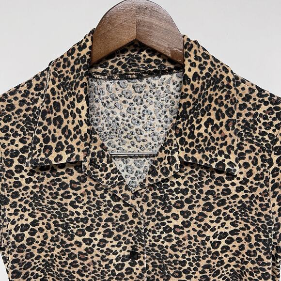 VTG 90s Grunge Leopard Print Fitted Button Up Top Medium Sparkle Whimsigoth - Picture 3 of 8